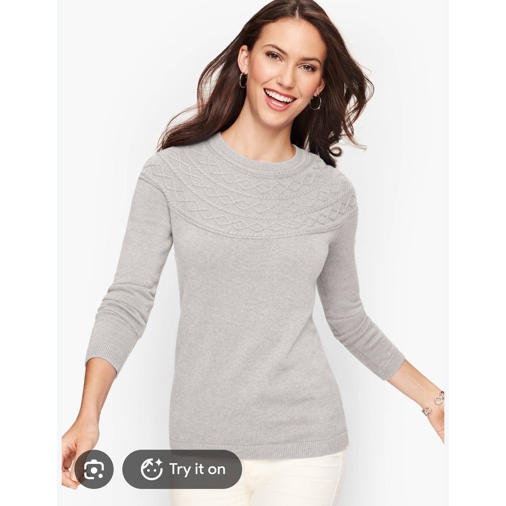 Talbots Woman Gray Cable Knit Yoke Cotton Pullover Sweater 1X
